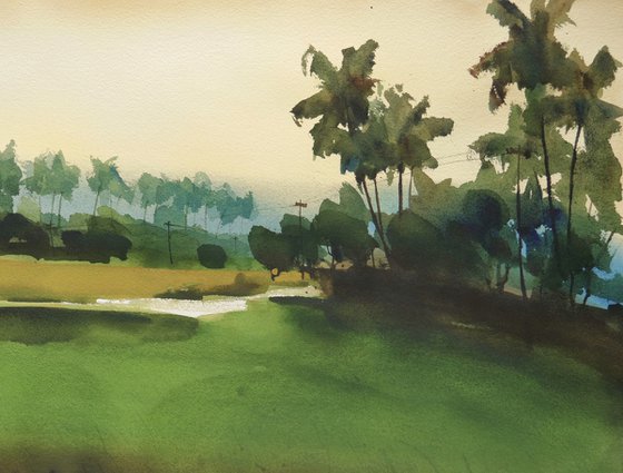 Coconut palms, village evening