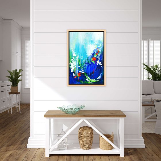 Abstract Flowers Modern Floral Landscape Painting. Blue, Red, Green, Violet, Teal, Abstract Tropical Flowers and Birds. Original Botanical Garden Painting on Canvas. Modern Impressionistic Art