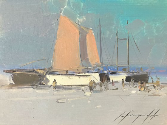 Harbor, Original oil painting, Handmade artwork, One of a kind