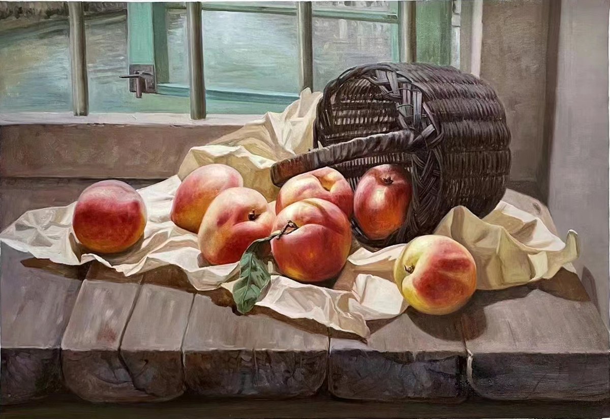 Still life:peaches in the basket by Kunlong Wang