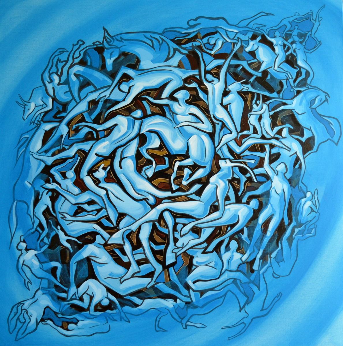 Surrealistic Portrait Acrylic Painting By Grama Gabriel, 39 X 39, The Blue Vortex, Original Artwork