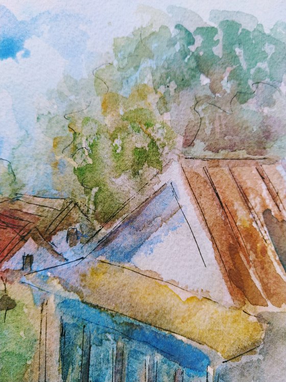 Rural sketch. Original watercolour painting