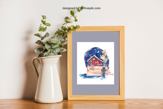 "Red House by the Sea" fairy tale watercolour postcard