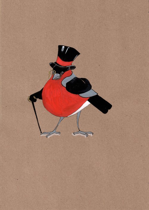 Bird portrait of a bullfinch in a gentleman's outfit - Gift idea for bird lover. by Olga Ivanova