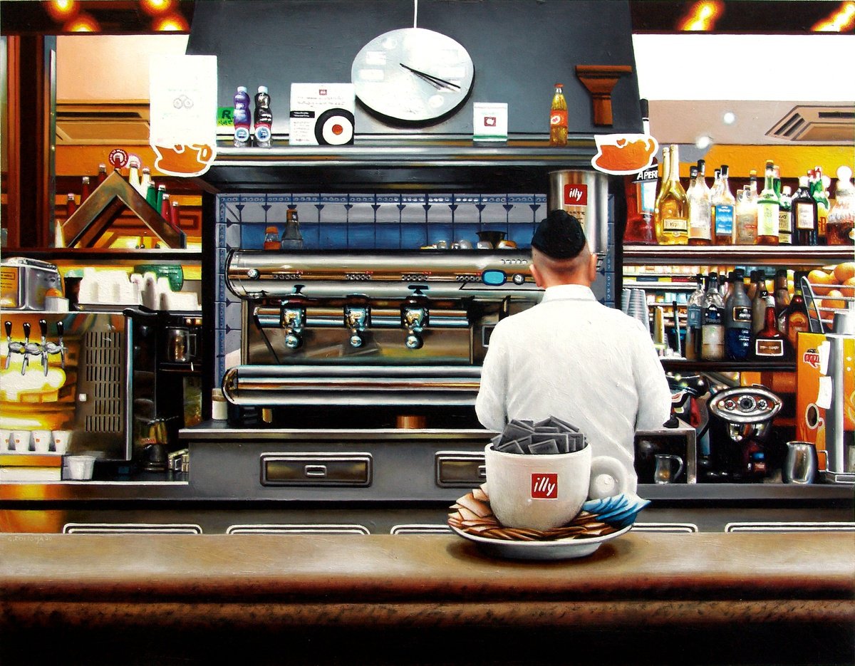 Photorealistic Portrait Acrylic Painting By Gerard Boersma, 37 X 30, Coffee Bar In Agrigento, Original Artwork