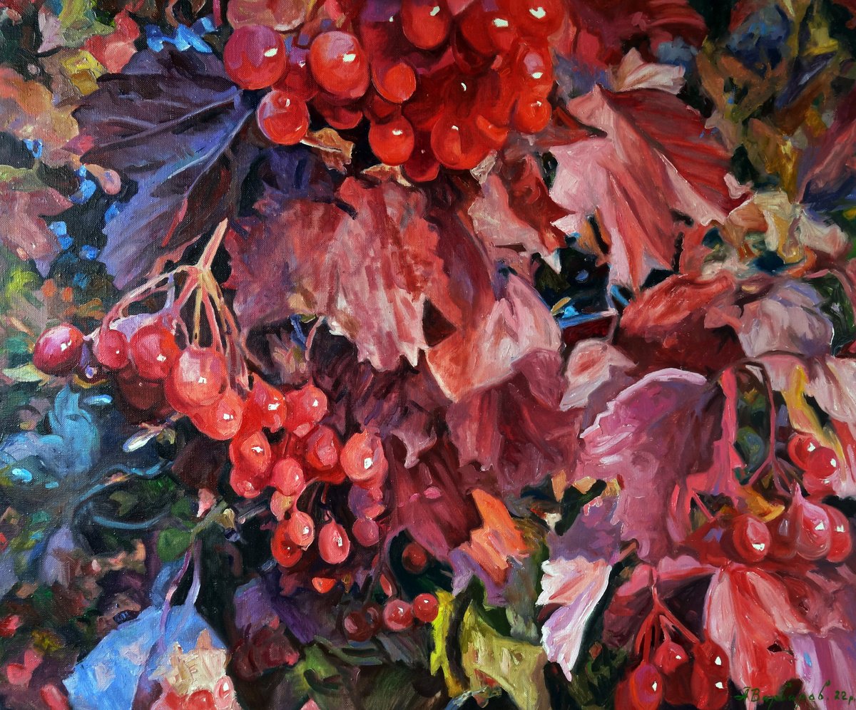 Impressionistic Landscape Oil Painting By Anatolii Varvarov, 47 X 39, Red Viburnum, Original Artwork