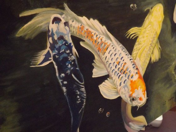 Reflections on a Koi pond 48 x 36 inch canvas