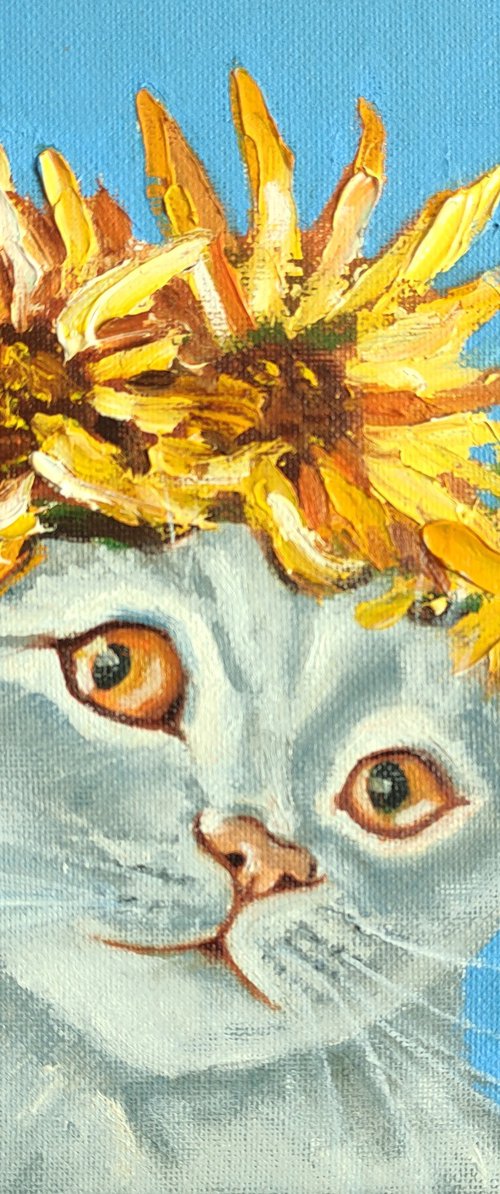 Cat and a wreath of sunflowers by Yulia Berseneva