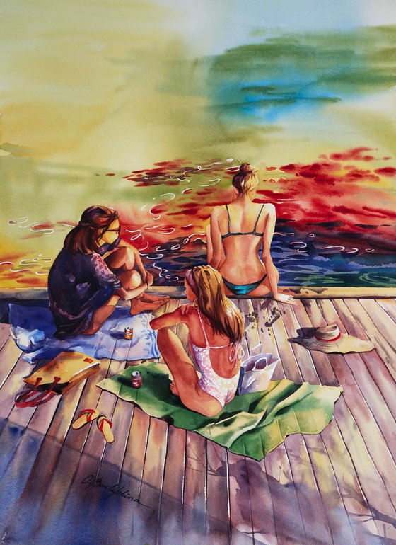Golden hour - girlfriends rest by the water on a summer evening, watercolor art for home