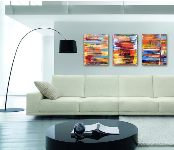 "Make Us" - FREE USA SHIPPING - Original PMS Abstract Triptych Oil Paintings On Canvas - 48" x 20"