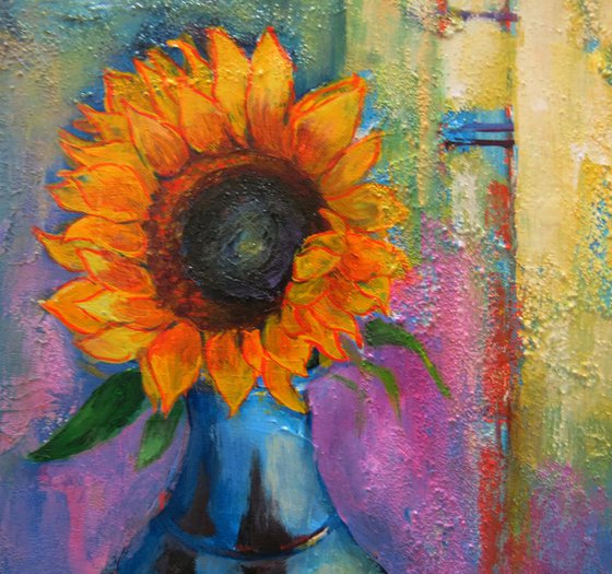 Sunflower and Blue Vase