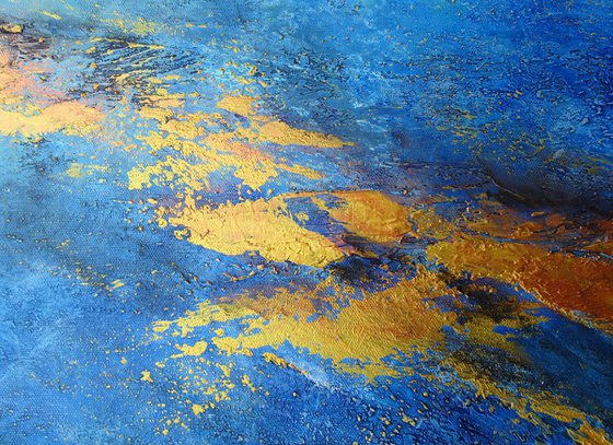 Large Blue and Gold Contemporary Abstract Landscape, Ocean Painting # 810-31. Textured Art