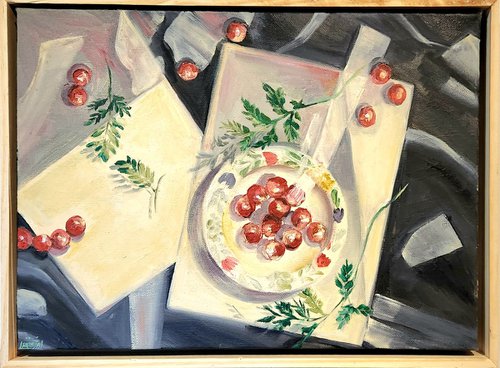 A Plate A Paper And Cherry Tomatoes by Anahita Amouzegar