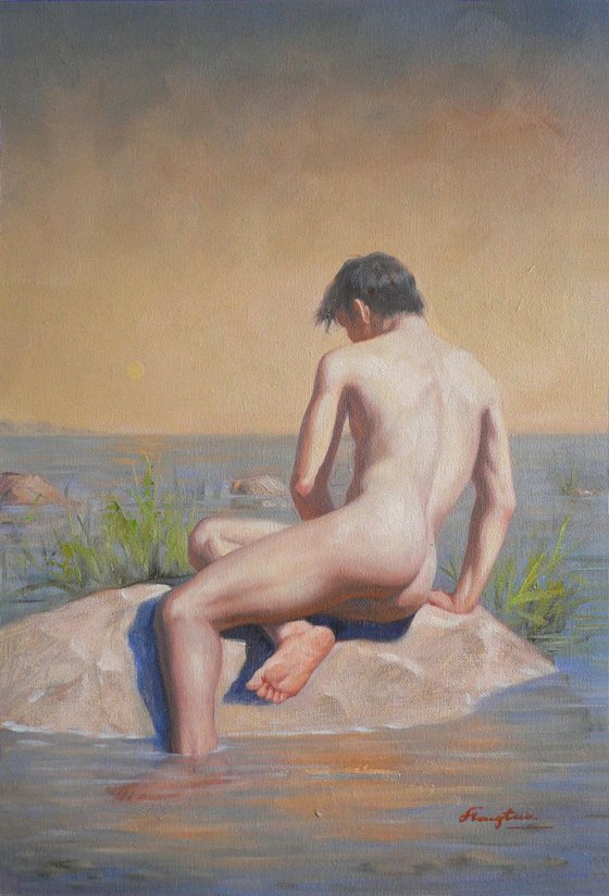 Original Oil paintingl art male nude boy on linen  #16-5-1-09