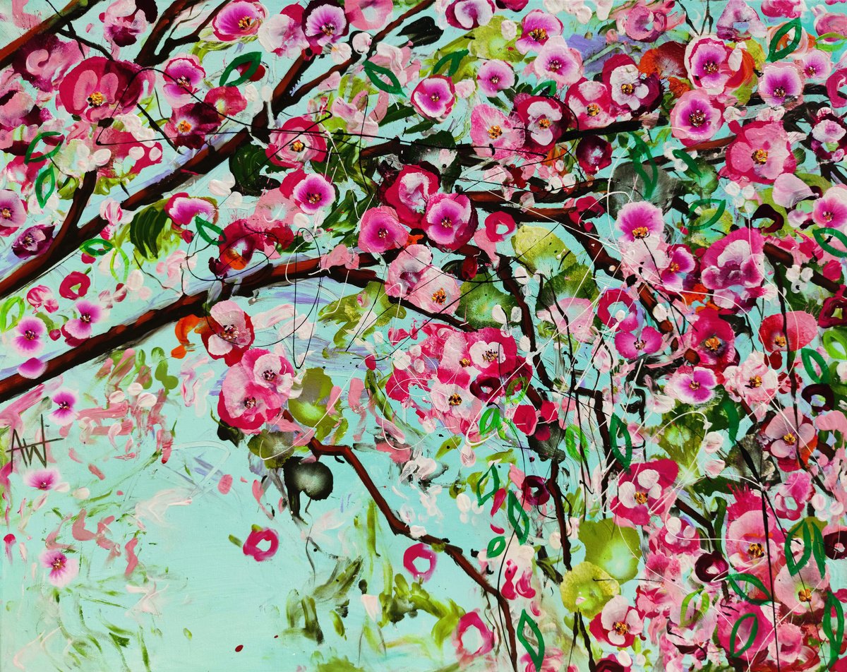 Expressive Botanical Oil Painting By Angie Wright, 36 X 29, Cherry Blossom Spring, Original Artwork