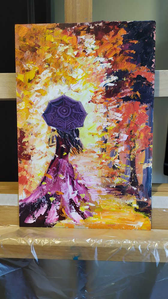 Autumn tango, original girl umbrella oil painting, Gift, art for home, for sale