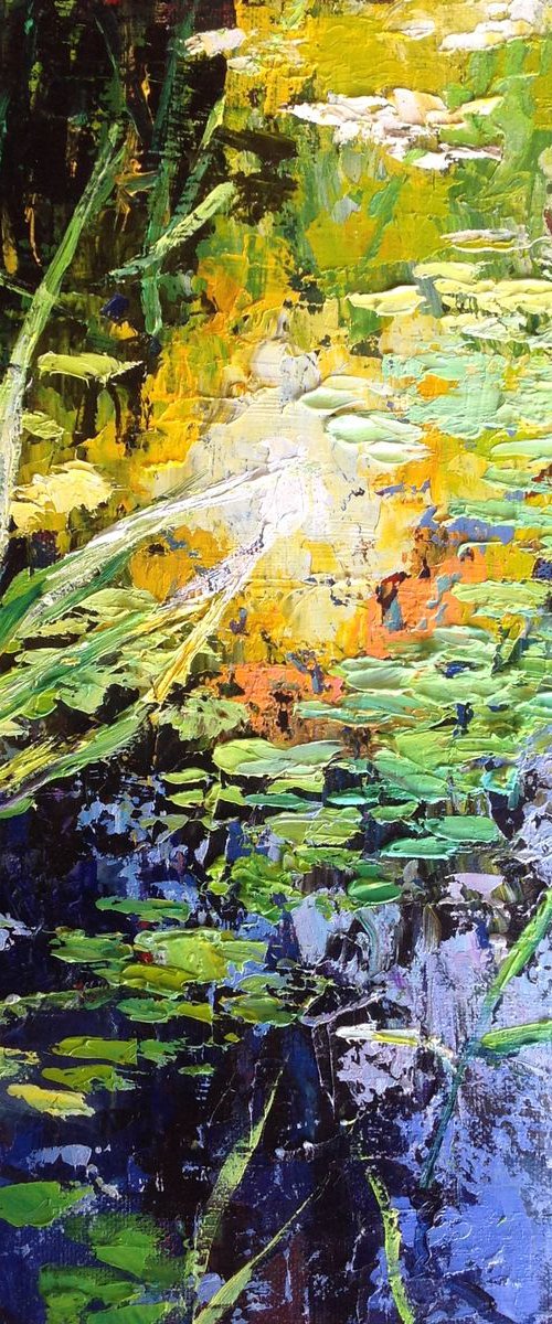 Sunrise over the water lilies pond oil painting landscape river sunlight by Nataliia Nosyk
