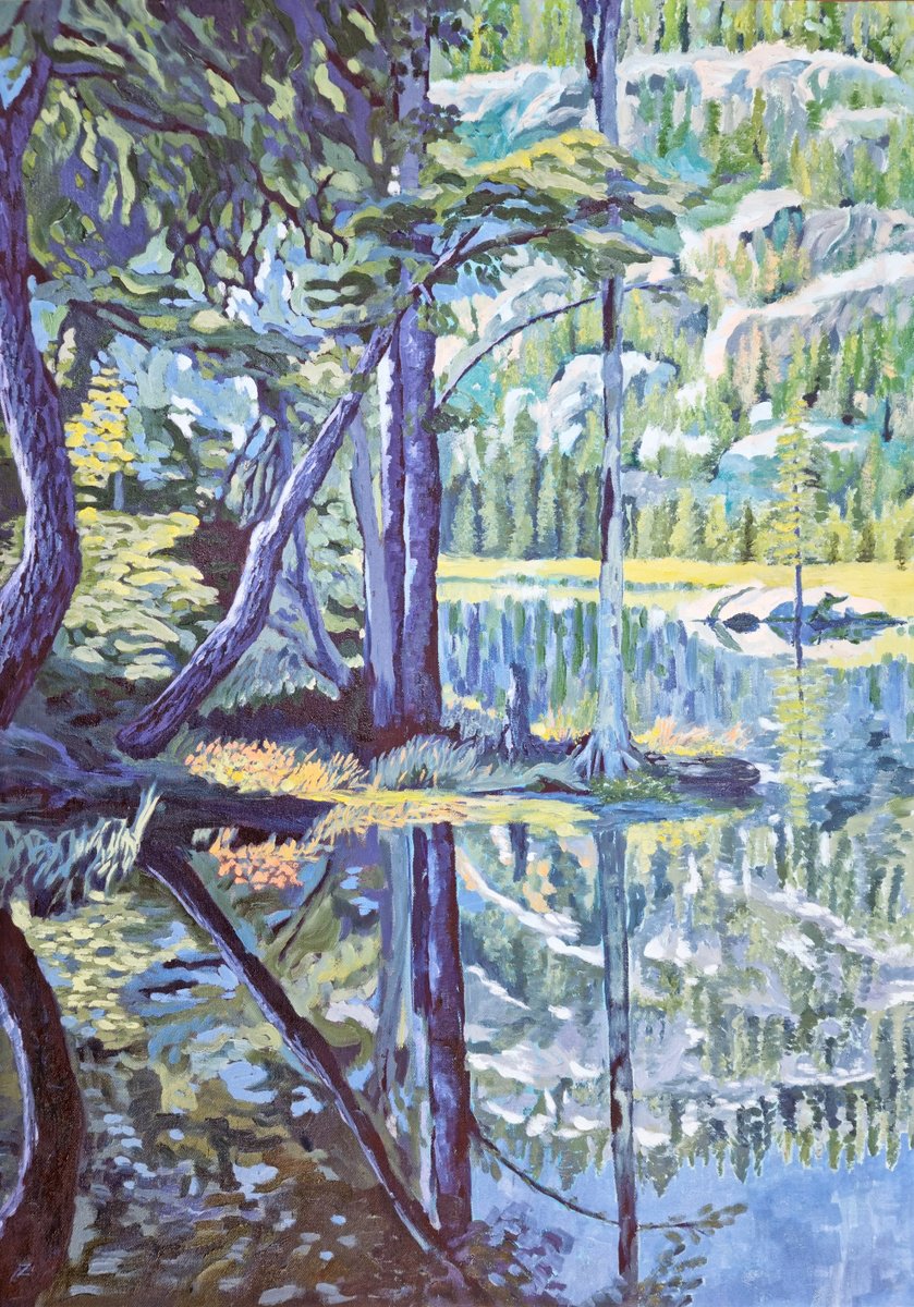 Impressionistic Landscape Oil Painting By Zulfiya Mukhamadeyeva, 20 X 28", Hill Reflection, Original Artwork