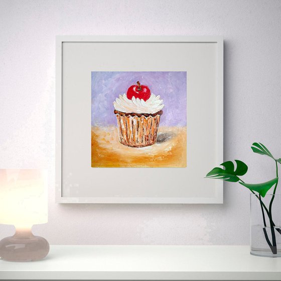 Cherry Cupcake Painting Original Art Dessert Artwork Small Food Wall Art 8 by 8