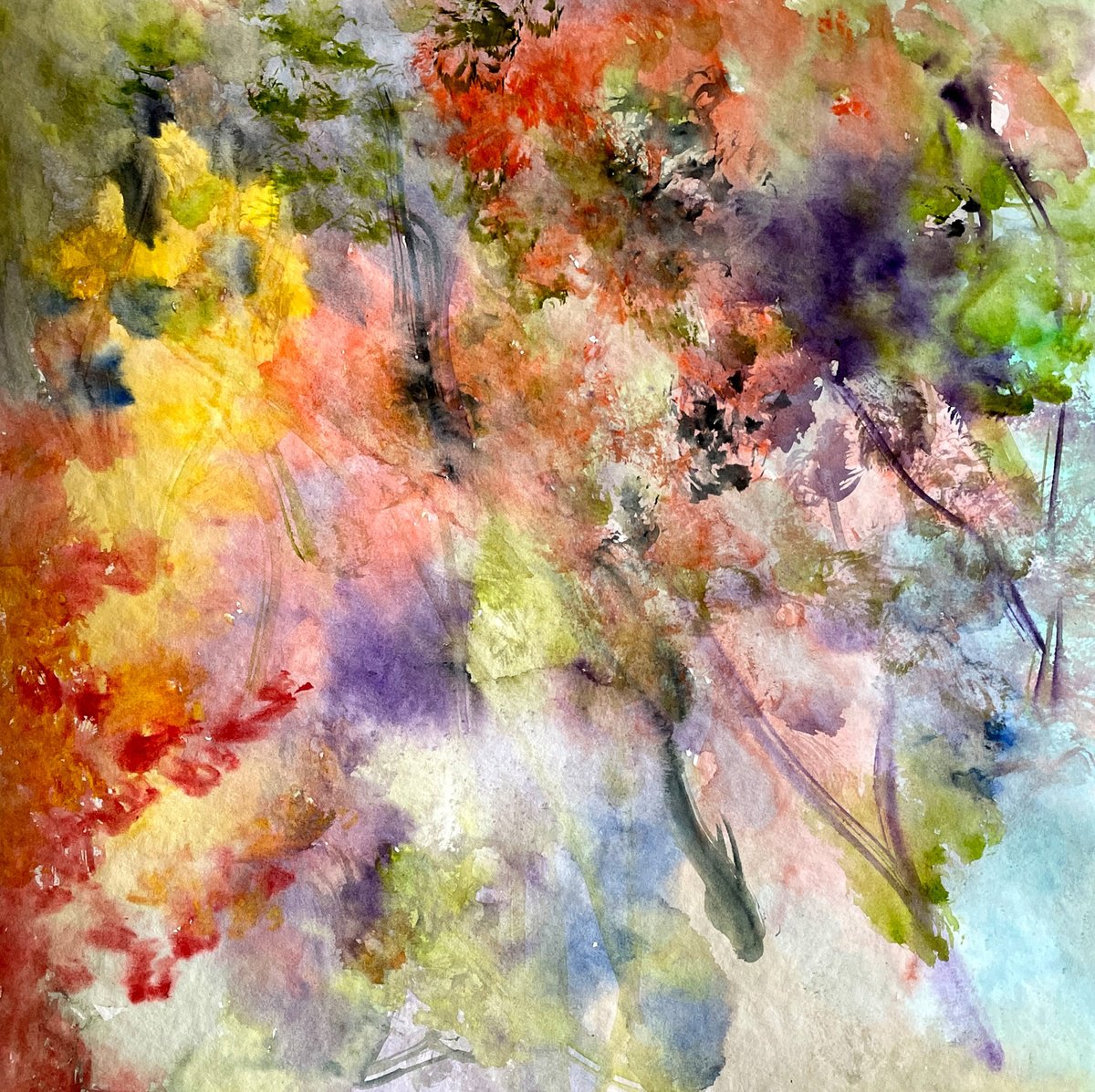Abstract Landscape Watercolour By Rosie Brown, 14 X 14", Bouncing Blooms, Original Artwork