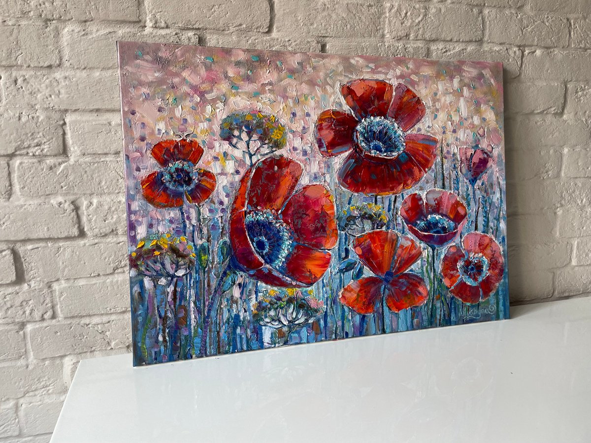 Poppies in the field. Original oil painting by Mary Voloshyna