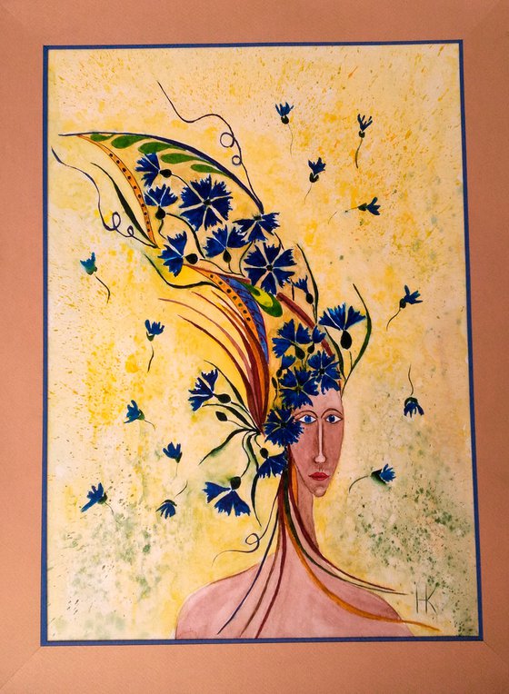 Flower Head Painting Cornflowers Original Art Woman Artwork Female Portrait Watercolor Wall Art 12 by 17 inches