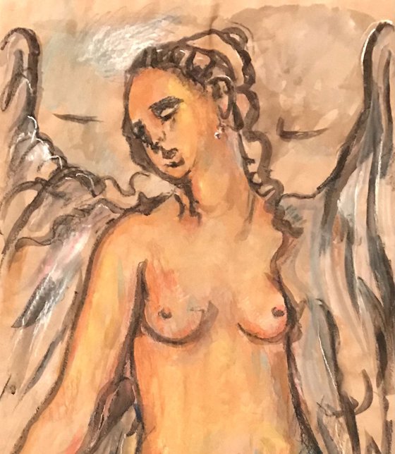 ANGEL - Graphics drawing, nude art, original painting drawing angel wings love gold beautiful female Paris - Christmas gift