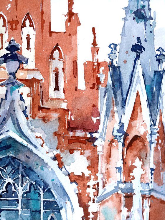 "Church of St. Joseph in Krakow, Poland" architectural landscape - Original watercolor painting