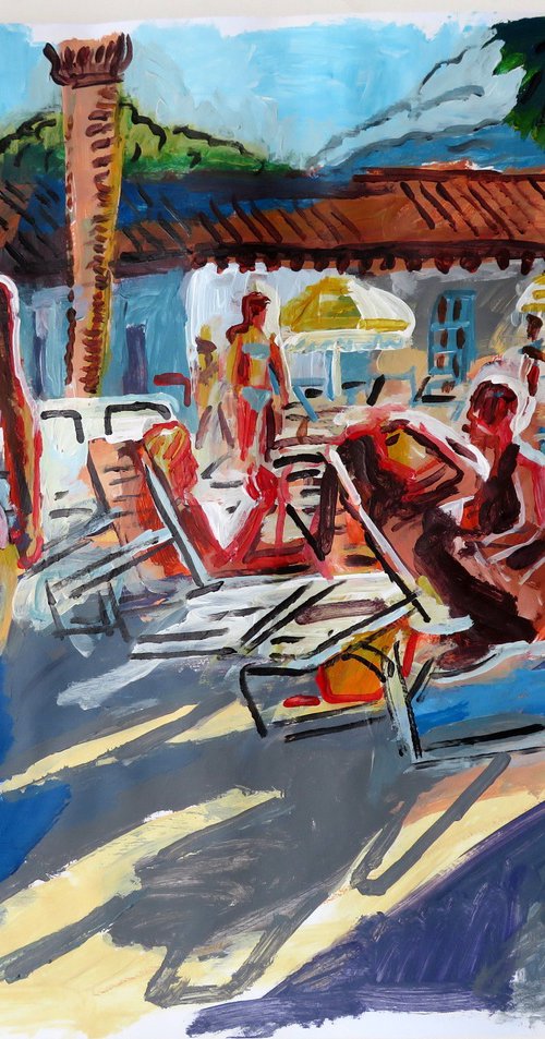 Swimming Pool scene with figure walking by Stephen Abela