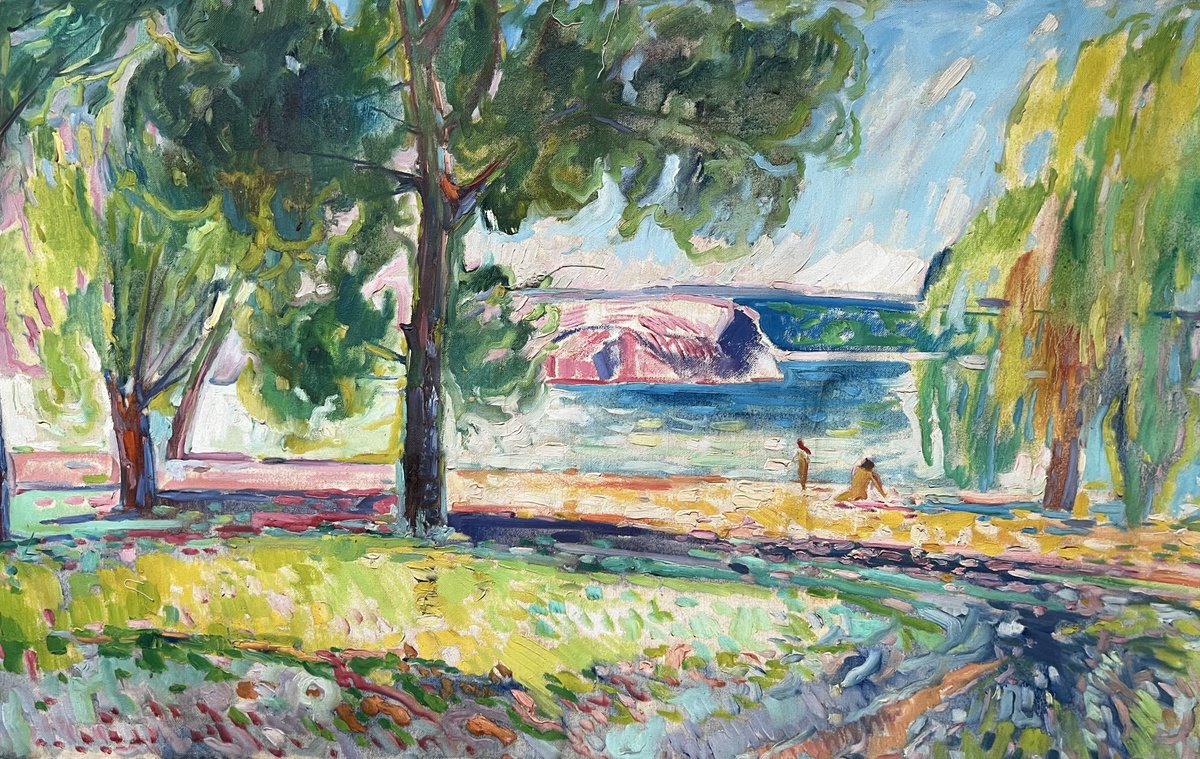 Impressionistic Landscape Oil Painting By Peter Tovpev, 18 X 29", On The Beach, Original Artwork