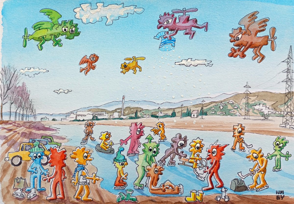 Cartoon Portrait Watercolour By Peter Nagy, 8 X 6", Skating On The Frozen Puddle, Original Artwork