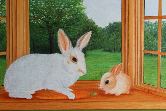 Rabbit playing on Window Landscape Painting