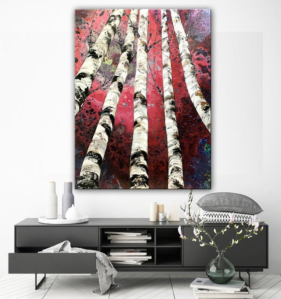 Red Forest - Large Birch Tree Painting