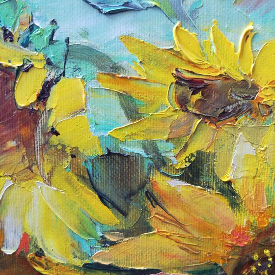 Sunflowers on the green. Etude. Original oil painting