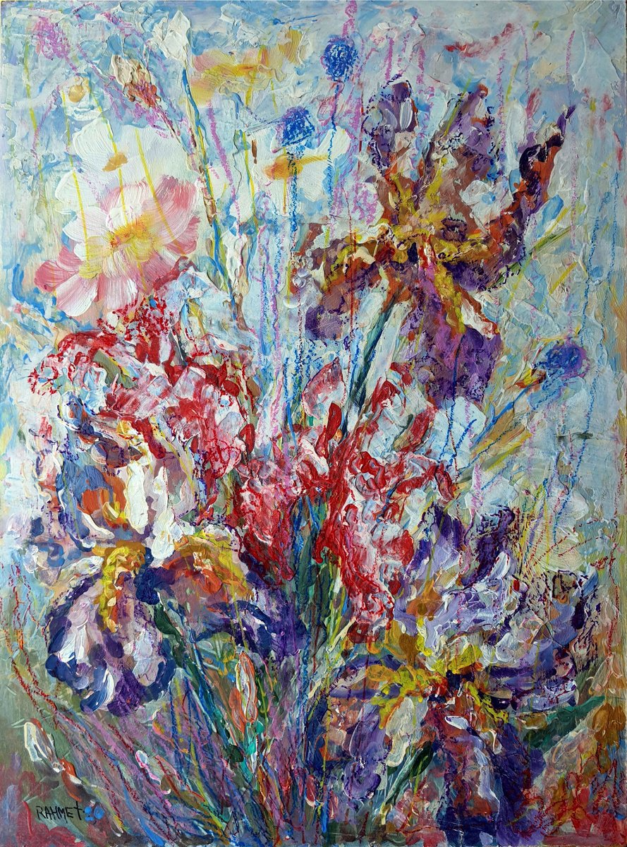 Impressionistic Botanical Acrylic Painting By Rakhmet Redzhepov, 16 X 22", Irises In An Abandoned Garden, Original Artwork