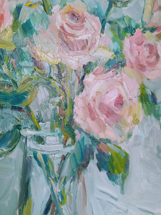 Roses in vase. Original oil painting.2021