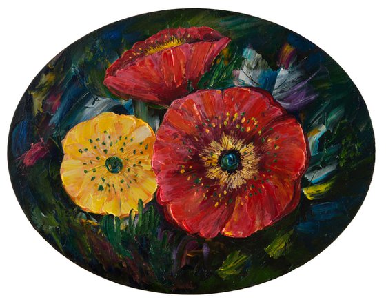 Red and Yellow Poppies Original Oil Painting with Palette Knife