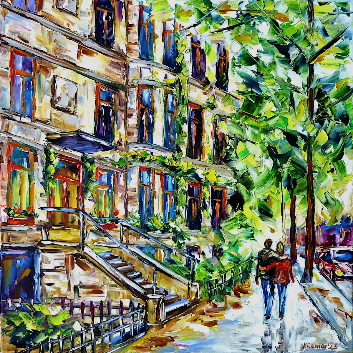 Expressive Cityscapes Oil Painting By Mirek Kuzniar, 20 X 20", In The Streets Of Montreal, Original Artwork