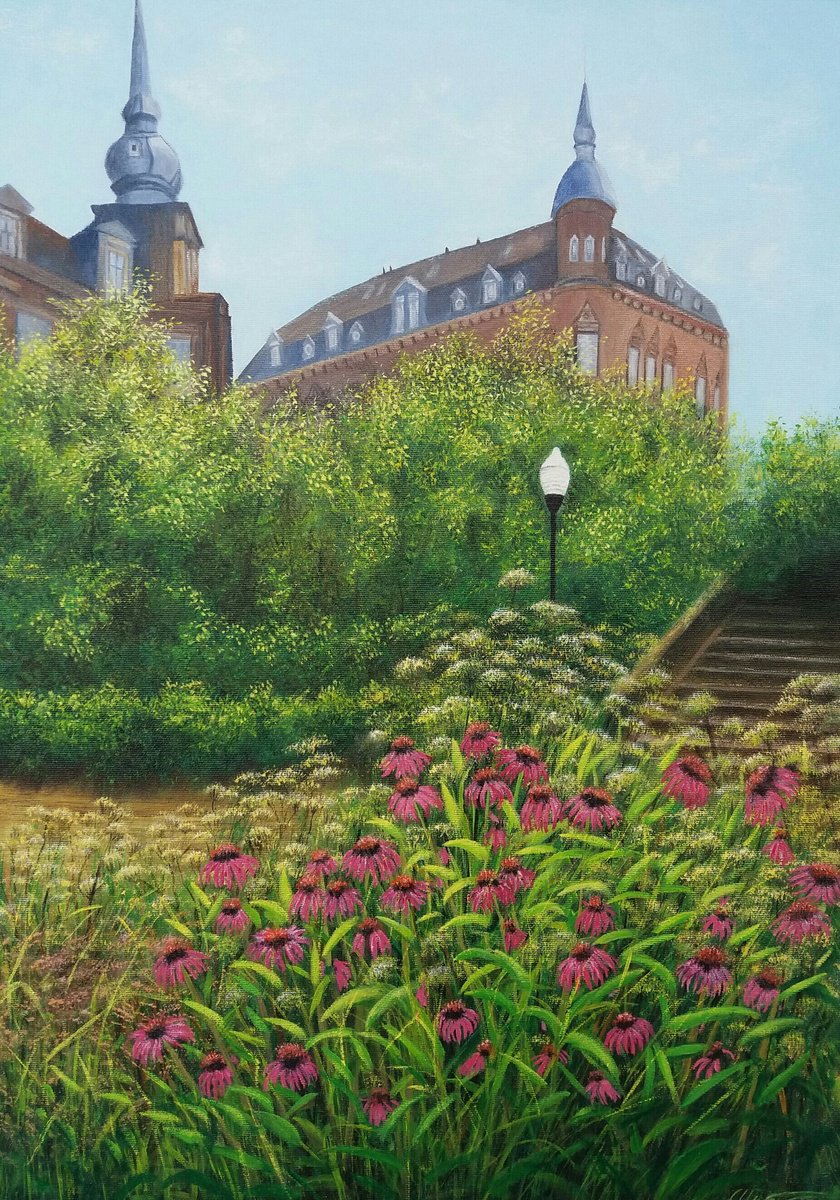Photorealistic Landscape Oil Painting By Ludmilla Ukrow, 20 X 28", Garden In The Sity, Original Artwork
