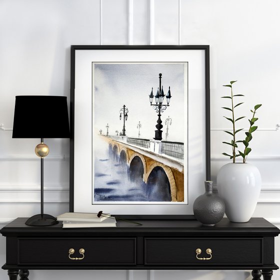 Bordeaux France , Stone Bridge. Original Watercolor Painting