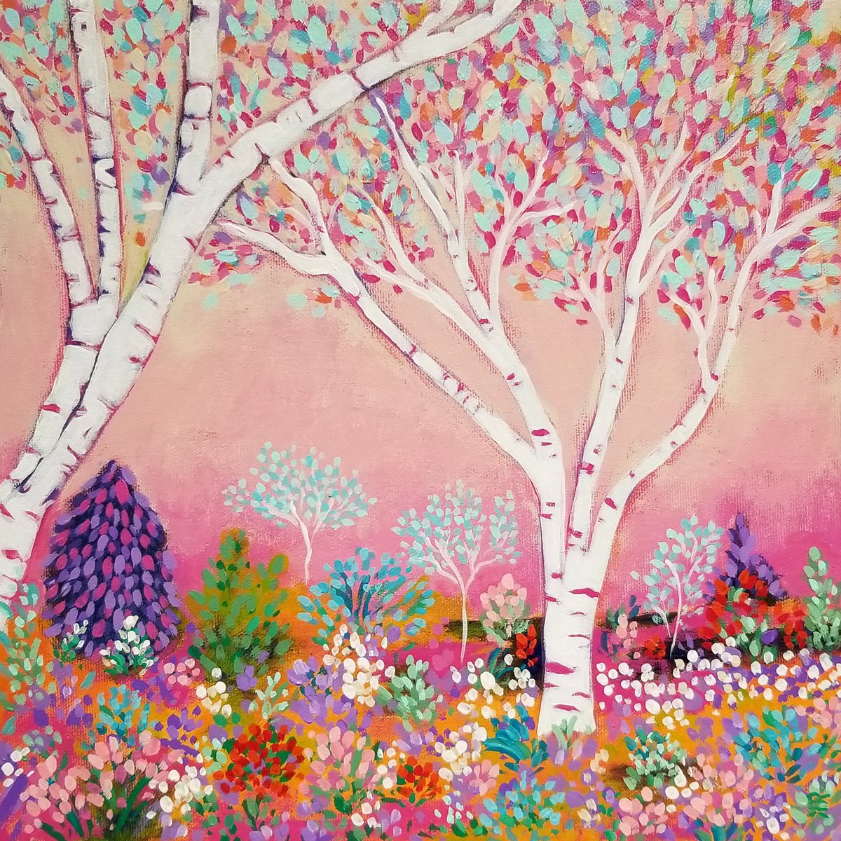 Impressionistic Landscape Acrylic Painting By Karen Rieger, 12 X 12", When Birch Trees Blush, Original Artwork