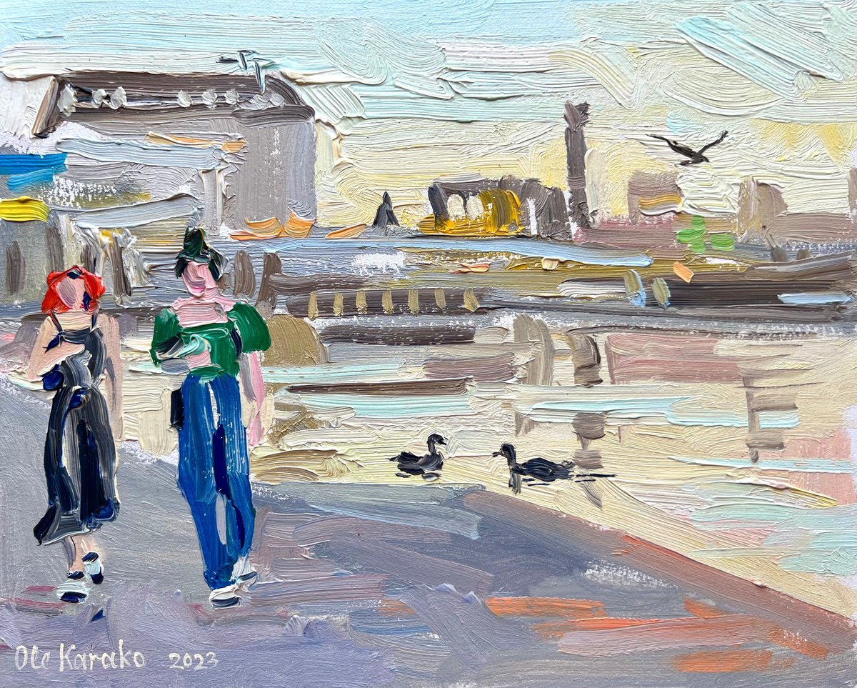 Impressionistic Landscape Oil Painting By Ole Karako, 12 X 9", Embankment In Kyiv, Original Artwork
