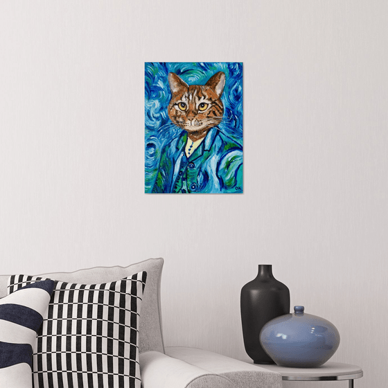 Cat Vincent Van Gogh inspired by his self-portrait on blue variations