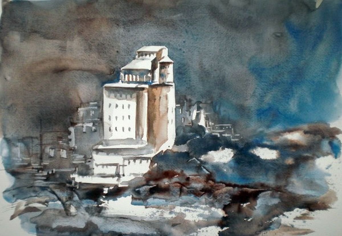 Expressive Landscape Watercolour By Giorgio Gosti, 17 X 13, Abbey, Original Artwork