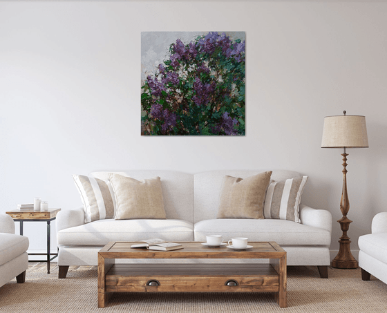 Blooming purple lilacs Original oil painting 90 x 90 cm