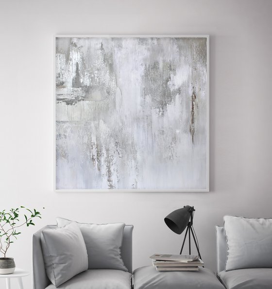 "Silver Cascade 6" Abstract white silver art