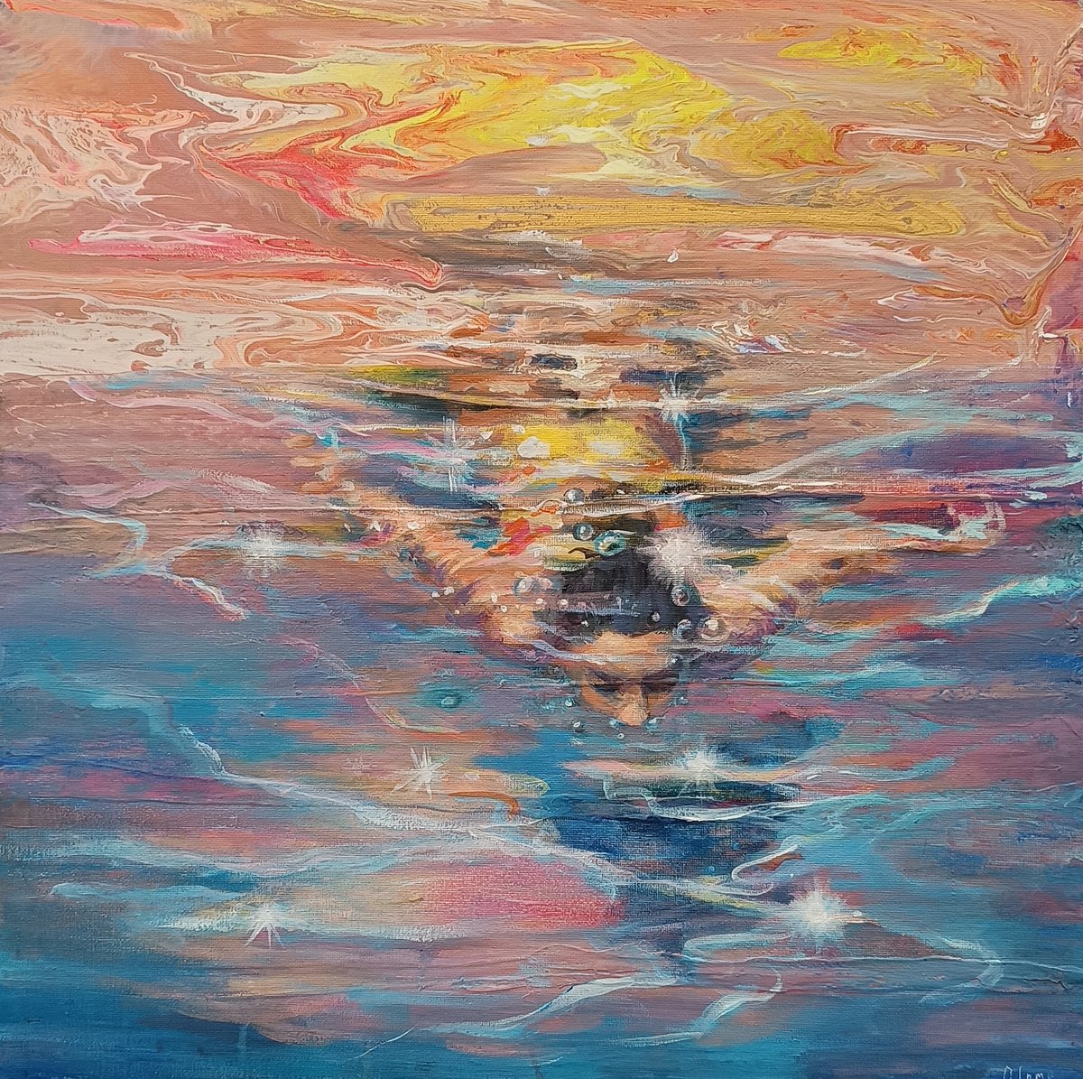 Expressive Portrait Acrylic Painting By Olga Lomax, 20 X 20", Underwater - Swimmer Painting, Original Artwork