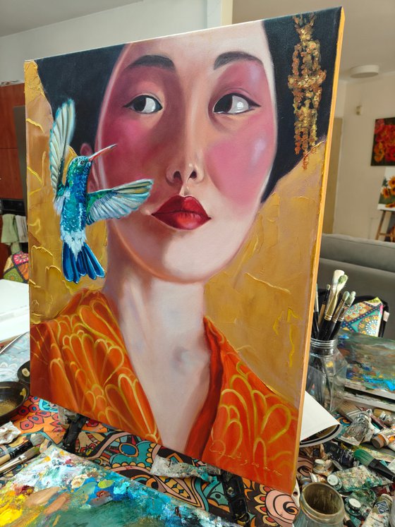 Geisha with hummingbird