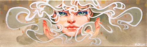 magick pop surrealism painting: "we'll know when we wake up", 20 x 60 cm by Monique van Steen