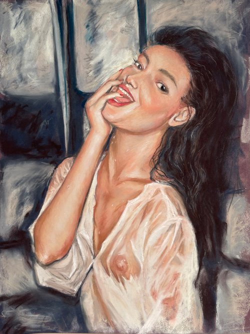 Sexy woman in wet shirt - soft pastel drawing by Liliya Rodnikova